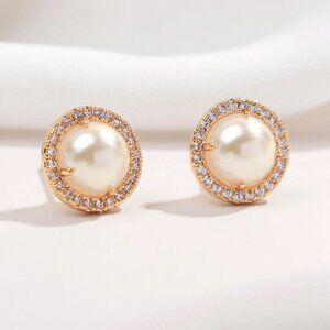 Alicia Bonnie The Real Me Pearl Earrings Halo Cubic Zirconia, 14K Gold Plated